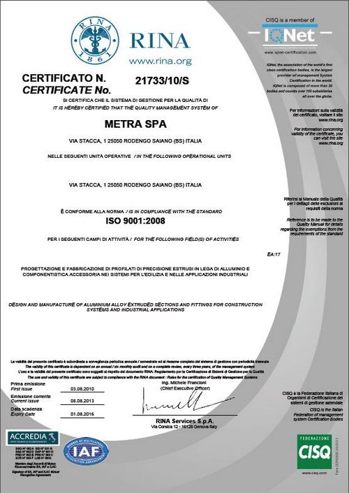 certificat Metra ISO9001